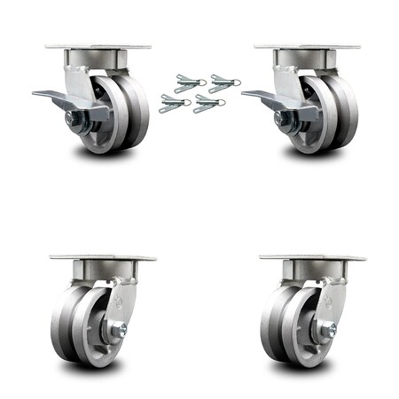 Service Caster 4 Inch Kingpinless V Groove Semi Steel Wheel Caster Swivel Locks 2 Brakes, 4PK SCC-KP30S420-VGR-SLB-BSL-2-BSL-2